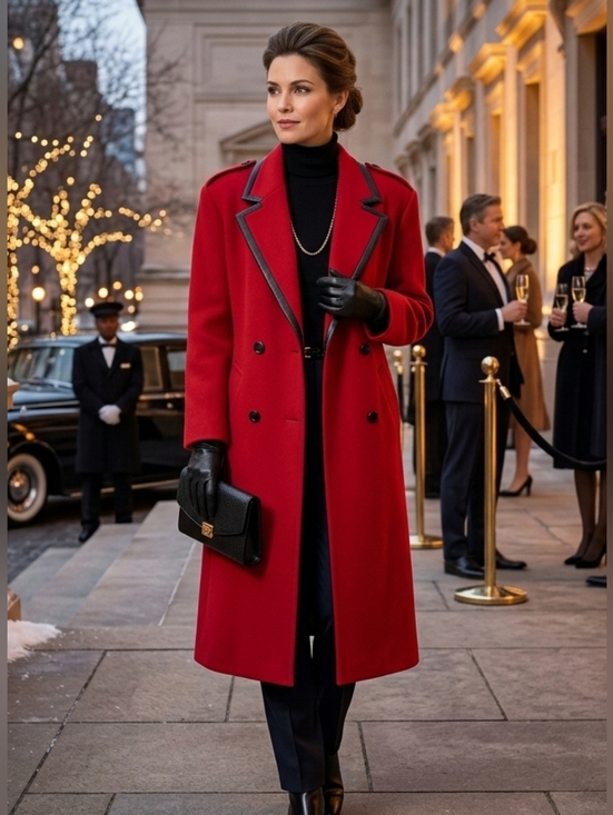 Creation Omni Inc Jackets & Blazers - Vintage Red 100% Wool Double-Breasted Maxi Over Coat with Black Trim 6